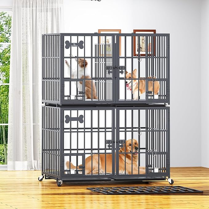 aboxoo 42 inch Stackable Heavy Duty Metal Dog Crate for 4 Dogs/Large Dog,All Metal Open Top Access,Escape Proof Cage,Dog Kennel Indoor with Wheels,Floor Grid, Tray, Divider and Feeding Bowl-PawvioPets