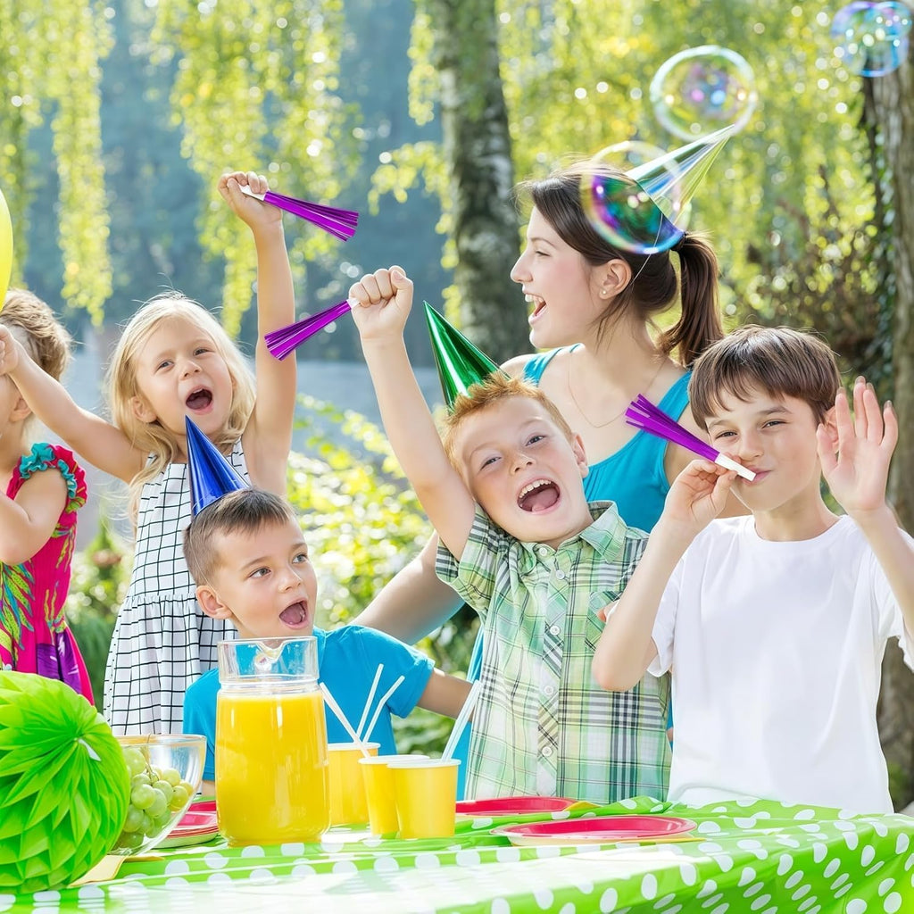 Noise Makers Party Horns, 24 Pack, Purple Metallic Glitter with Fringe, for Birthday, Wedding, New Year