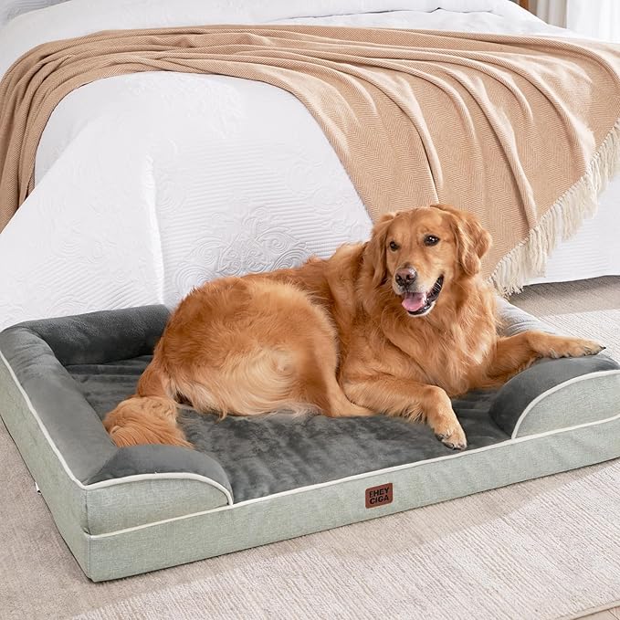 EHEYCIGA Orthopedic Dog Beds for Extra Large Dogs, Waterproof Memory Foam XL Dog Bed with Sides, Non-Slip Bottom and Egg-Crate Foam Big Pet Couch Bed with Washable Removable Cover, Greyish Green-PawvioPets
