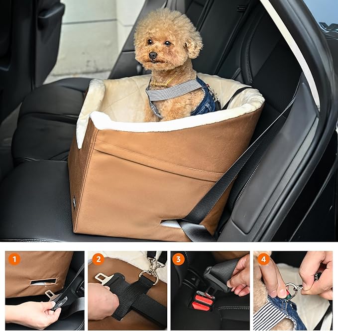Amazon Basics Pet Car Booster Bucket Seat for Small Pets up to 25lbs, Machine Washable Cover, Clip-On Safety Leash, 18" x 18" x 16", Tan-PawvioPets
