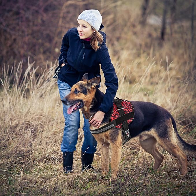 Dogline Dog Harness, Reflective No-Pull Adjustable Vest with Handle for Walking, Training, Breathable, No - Choke Harness for Small, Medium or Large Dogs Room for Patches Zebra Black/Red XL 33"-46"-PawvioPets