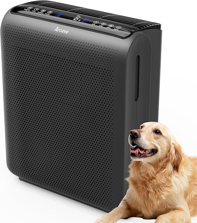 AROEVE Air Purifiers for Bedroom Home Large Room Up to 1504 Ft², 5 Layer Filter for Smoke Pollen Allergies Pet Dander Odor, Air Quality Monitor, Sleep Mode, Timer for Office, Dorm, Kitchen, MK07 Black-PawvioPets