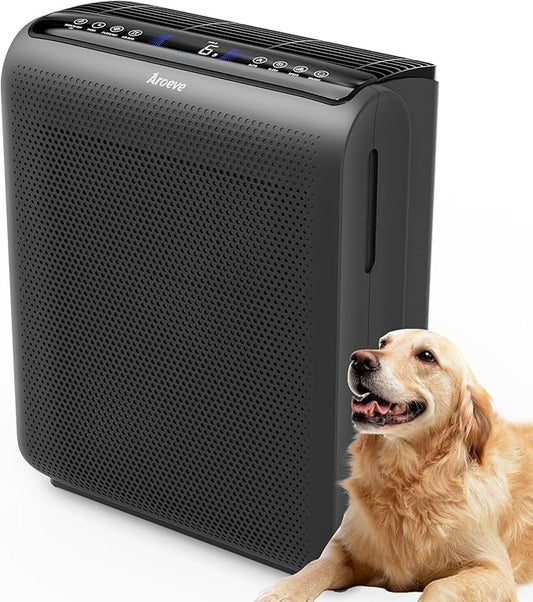 AROEVE Air Purifiers for Bedroom Home Large Room Up to 1504 Ft², 5 Layer Filter for Smoke Pollen Allergies Pet Dander Odor, Air Quality Monitor, Sleep Mode, Timer for Office, Dorm, Kitchen, MK07 Black-PawvioPets