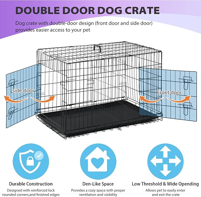 BestPet | Dog Crate | 30" | Black | Foldable Metal Kennel with Double Doors, Secure Slide-Bolt Latches, Leakproof Tray | Portable Dog Cage for Small Breeds | for Travel, Indoor & Outdoor Use-PawvioPets