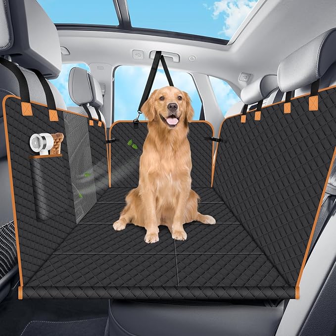 Dog Car Seat Cover for Back Seat, Dog Car Bed Cover with Strong Hard Bottom 4 Panels, Car Back Seat Extender Hammock for Car SUV Truck Black Color-PawvioPets