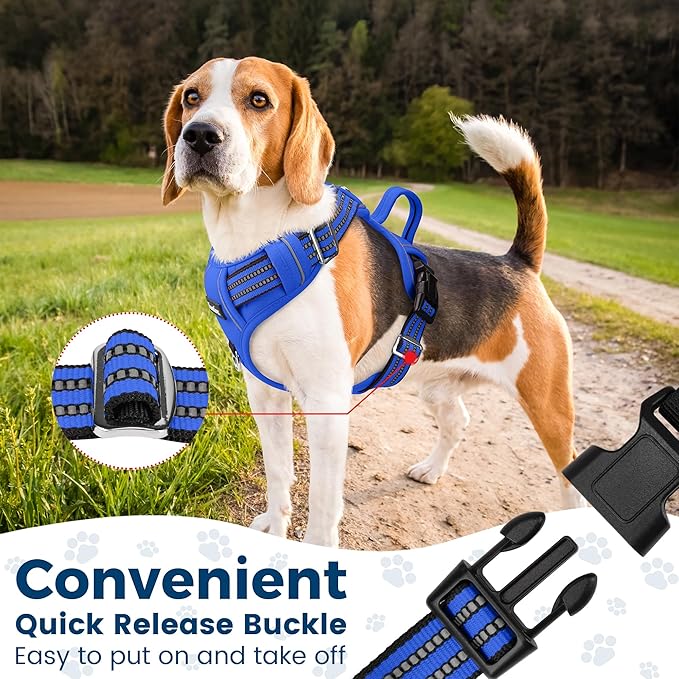 Funfox Dog Harness No Pull, Adjustable Pet Vest Harness, Super Soft Material with Vertical Handle Easy Control, Reflective Night Walking, 2 Leash Clips for Medium Sized Dogs, Blue, M-PawvioPets
