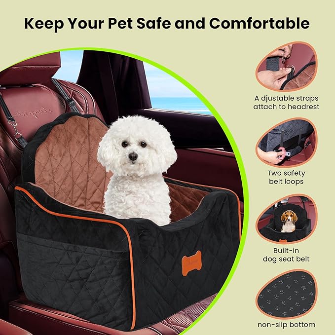 Dog Car Seat for Small Dogs Under 30lbs, Detachable Washable Pet Booster Seat with Safety Belt & Storage Pockets, Travel Car Bed, Black/Brown-PawvioPets