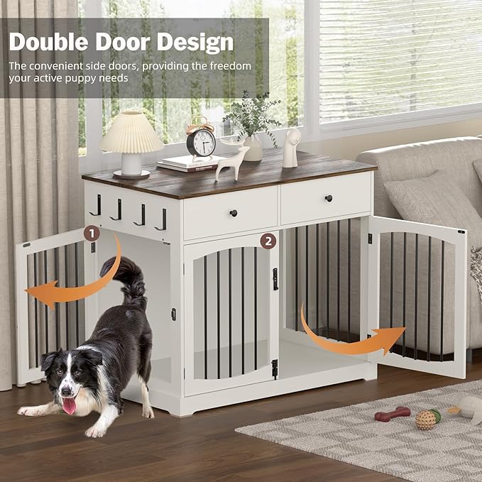 40 Inch Furniture-Style Dog Crate-Multipurpose Wood Pet Crate Furniture with Double Doors,2 Drawers, Decorative Dog House Indoor for Smal/Medium Dogs, White Finish-PawvioPets