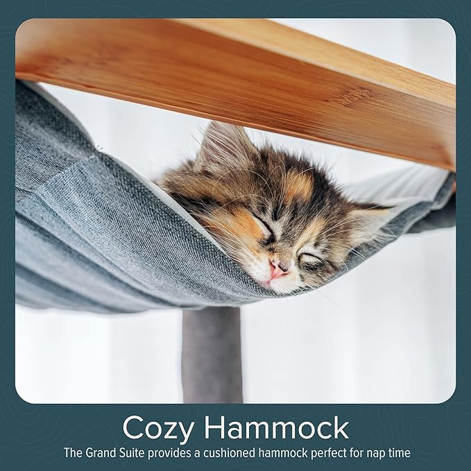 Ascentials - Grand Suite Cat Scratcher Playground - Tall Cat Tower Playground Structure, Sisal Scratching Areas, Grey Felt, Bamboo Veneer w/Linen & Velvet Surface Areas-PawvioPets