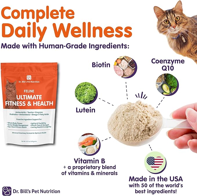 Dr. Bill’s Feline Ultimate Fitness & Health | Cat Multivitamin Powder - Daily Supplement | Weight Control, Joint, Brain, Heart & Immune Support | Omega 3s, Collagen, B Vitamins, Taurine, Amino Acids-PawvioPets