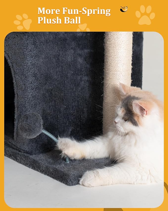 24in Cat Tree Tower with Scratching Post, 19 * 16.5in Window Perch for Large Cats, 2 Cat Condo Cubbies for Indoor Kittens, Dark Gray-PawvioPets