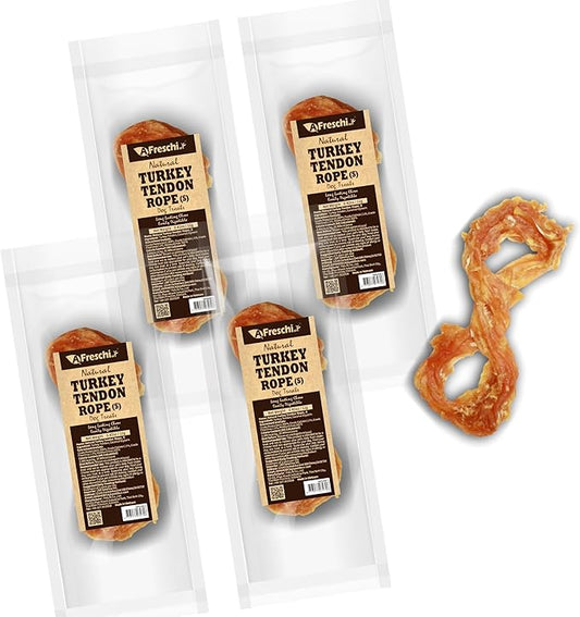 Afreschi Natural Turkey Tendon Rope (S) Pack of 4, Dog Treats for Signature Series, All Natural Human Grade Puppy Chew, USA-Sourced Turkey Tendon, Hypoallergenic, Rawhide Alternative-PawvioPets