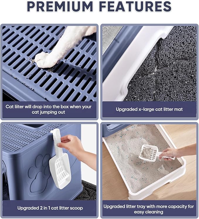 Cat Litter Box with X-Large Litter Mat and Scoop, Large Foldable Litter Box with Lid, Enclosed Kitty Box,Front Top Entry Exit, Odor Control Easy to Clean (Upgrade Midnight)-PawvioPets