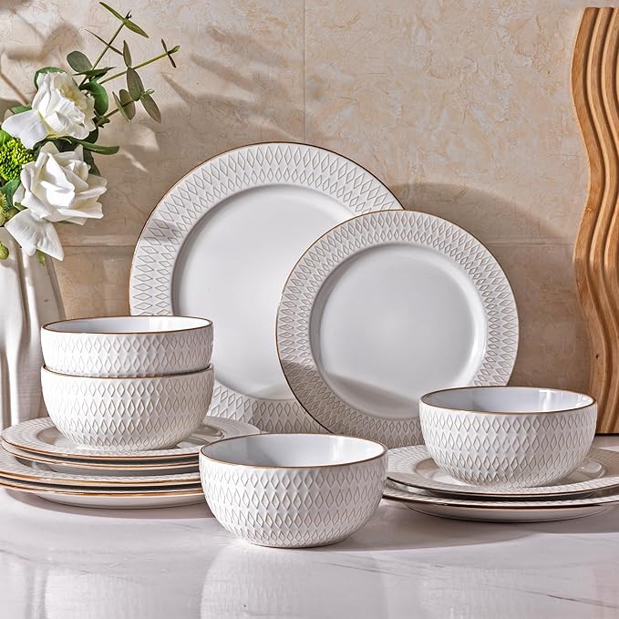 GBHOME Ceramic Dinnerware Sets,12 pcs Embossed Elegant Stoneware Plates and Bowls Sets, Housewarming Wedding Gift | Dishwasher & Microwave Safe | Dishes Set Service for 4-PawvioPets