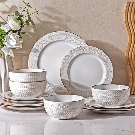 GBHOME Ceramic Dinnerware Sets,12 pcs Embossed Elegant Stoneware Plates and Bowls Sets, Housewarming Wedding Gift | Dishwasher & Microwave Safe | Dishes Set Service for 4-PawvioPets