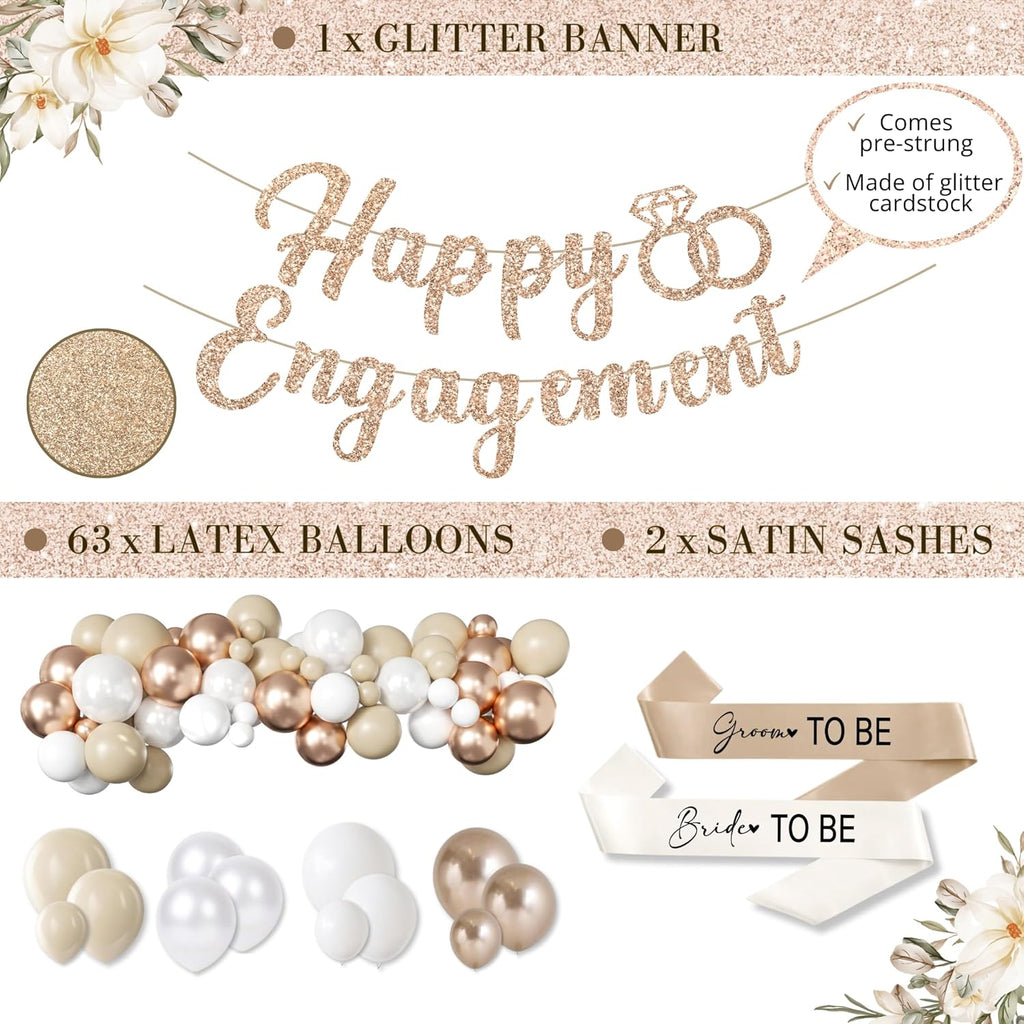 261 Pc Premium Engagement Party Decorations Kit – Elegant Mr. & Mrs. Wedding Balloons, Happy Engagement Banner, Diamond Ring White Gold Balloons, Cupcake Toppers – Classy Bride To Be Decor