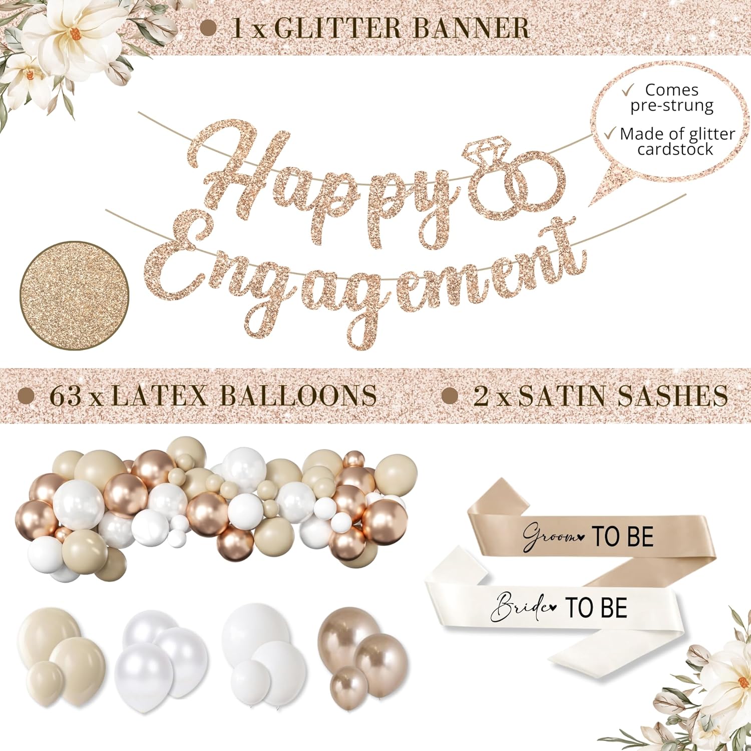 261 Pc Premium Engagement Party Decorations Kit – Elegant Mr. & Mrs. Wedding Balloons, Happy Engagement Banner, Diamond Ring White Gold Balloons, Cupcake Toppers – Classy Bride To Be Decor