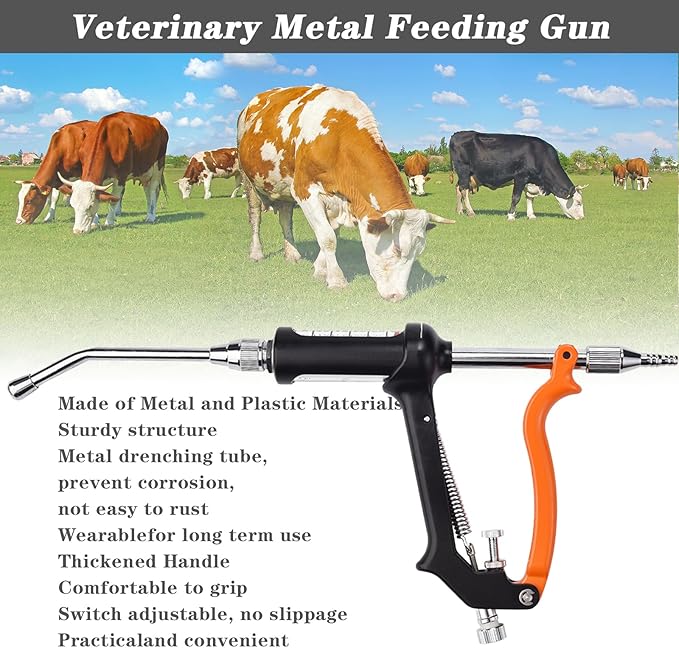 30ML Veterinary Metal Feeding Gun, Continuous Drench Gun Dosing Device Veterinary Adjustable Medicine Dispenser Husbandry Autonomous Feeding Tool, Pig Cattle, Sheep, Horse for Drench Gun-PawvioPets