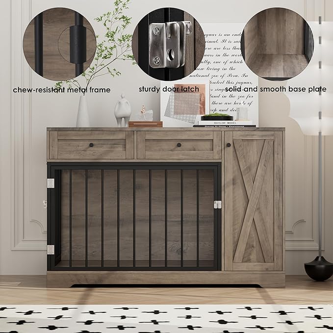 Dog Crate Furniture Kennel with Double Doors Wooden Pet House with 2 Drawers and Storage Cabinet, Indoor Dog Cage Farmhouse Modern Side End Table for Small Medium Dogs, Rustic-PawvioPets