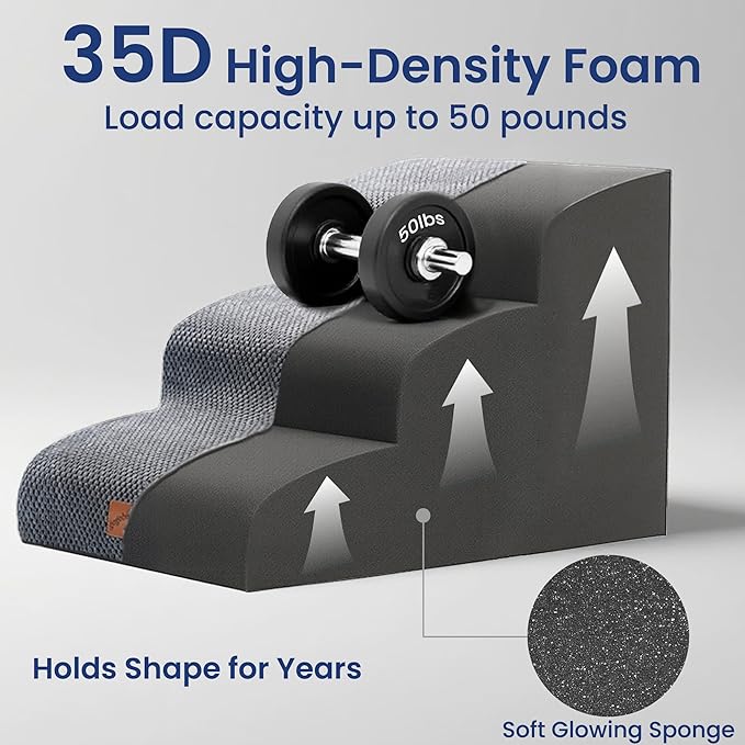 GoGoBunny Ramp Dog Stairs for Couch Sofa and Chair 15.7" H, 3-Step Pet Steps for Small Dogs and Cats, Non-Slip Waterproof Fabric Cover, Stable and Balanced Indoor Step, Pets Friendly, Grey-PawvioPets