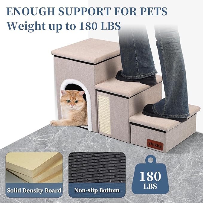 Dog Steps for Bed and Couch, 17”H Foldable Dog Stairs for Small Older Dogs Cats, Adjustable Pet Cat Stairs Ramps with Storage with Condo, Scratcher, Hold Up to 180LBS, Pet Cat Steps Beige-PawvioPets
