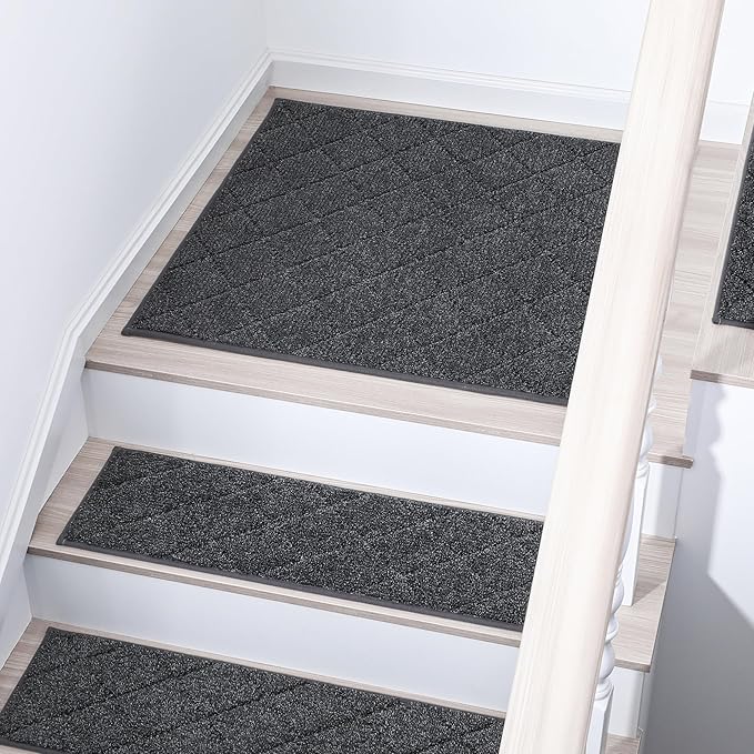 COSY HOMEER Edging Stair Treads Non-Slip Corner Indoor Stair Runners for Wooden Steps,Landing Slip Resistant Stair Rugs Mat for Kids and Dogs,100% Polyester TPE Backing,Black,30x30 inch-PawvioPets