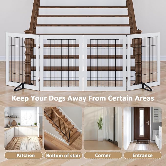 Dog Gate Indoor, Metal Dog Gates for Doorways House, 24-Inch Freestanding Pet Gates for Dogs, Puppy Fence (4 Panel, White)-PawvioPets