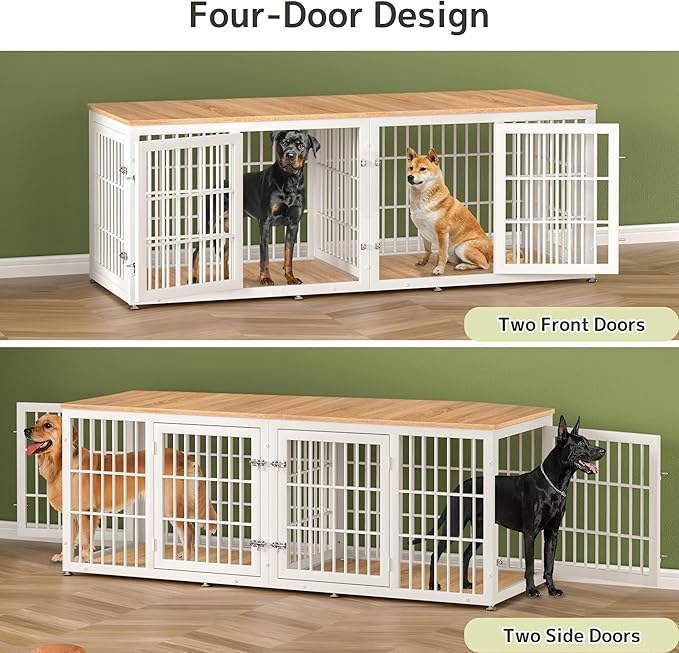 78 Inch Double Dog Crate Furniture, Heavy Duty Extra Large Cage Furniture with Divider for 2 Dogs, Decorative Wooden Kennel Furniture Indoor, Pet House for Large and Medium Dogs, White-PawvioPets