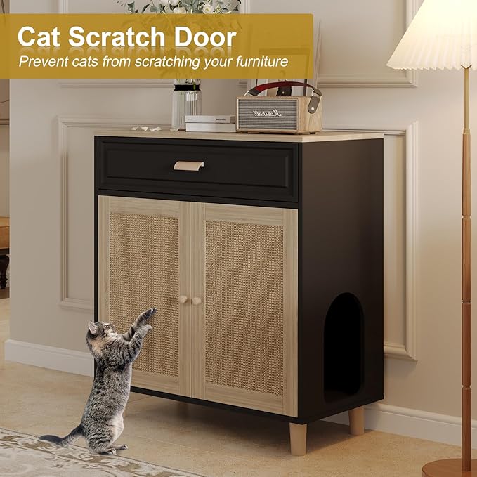 Cat Litter Box Enclosure Furniture Hidden Indoor 2-in-1 Wooden Cat House & Washroom Cabinet with Scratching Board Doors and Drawer, 31.5"x15.7"x34.6"H - Black-PawvioPets