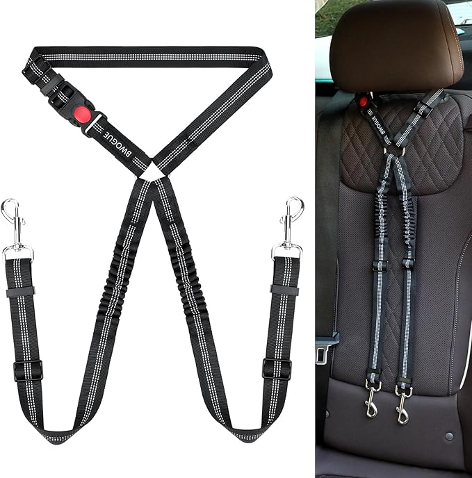 BWOGUE Double Dog Cat Seat Belts, Car Headrest Restraint Adjustable Travel Leash,Safety Elastic Leads Splitter Connect Vehicle Seatbelt Harness for 2 Dogs-PawvioPets