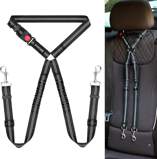 BWOGUE Double Dog Cat Seat Belts, Car Headrest Restraint Adjustable Travel Leash,Safety Elastic Leads Splitter Connect Vehicle Seatbelt Harness for 2 Dogs-PawvioPets