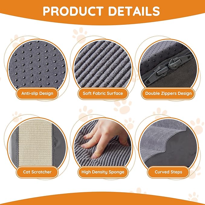 Dog Stairs for Small Dogs, 4-Step Dog Ramp for Bed 19.7" H, Dogs Steps for Bed, Couch, Pet Stairs with Non-Slip Bottom Design, Cat Scratching, High Density Foam Portable Pet Steps, Indoor, Grey-PawvioPets