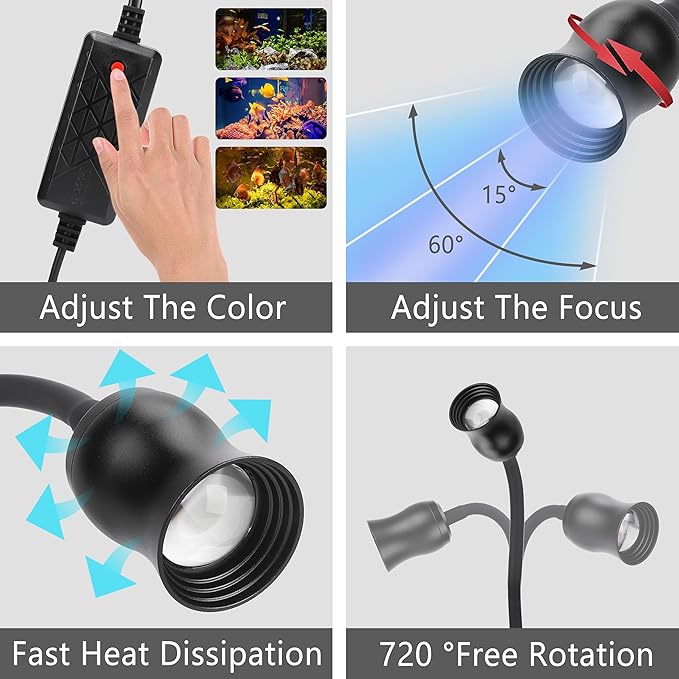 Aquarium Light Focus Light for Open Fish Tank Indoor LED Light Big Clip Lamp Adjustable Focus (White-Blue)-PawvioPets