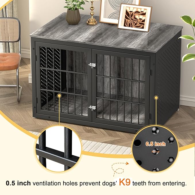 48" Heavy Duty Dog Crate Furniture for Extra Large Dogs, Metal Cage for High Anxiety Dogs, Wooden Kennel Furniture Indoor, Decorative Dog Kennel End Table, XL-PawvioPets