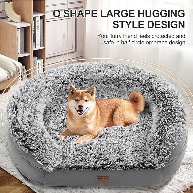 3.7 inch Thickened Orthopedic Dog Beds for Large Dogs, Supportive Dog Sofa Bed with 28D Egg-Crate Foam, Removable Washable Plush Cover, Waterproof Lining, Half-Round Design for Puppy, Senior Dog-PawvioPets