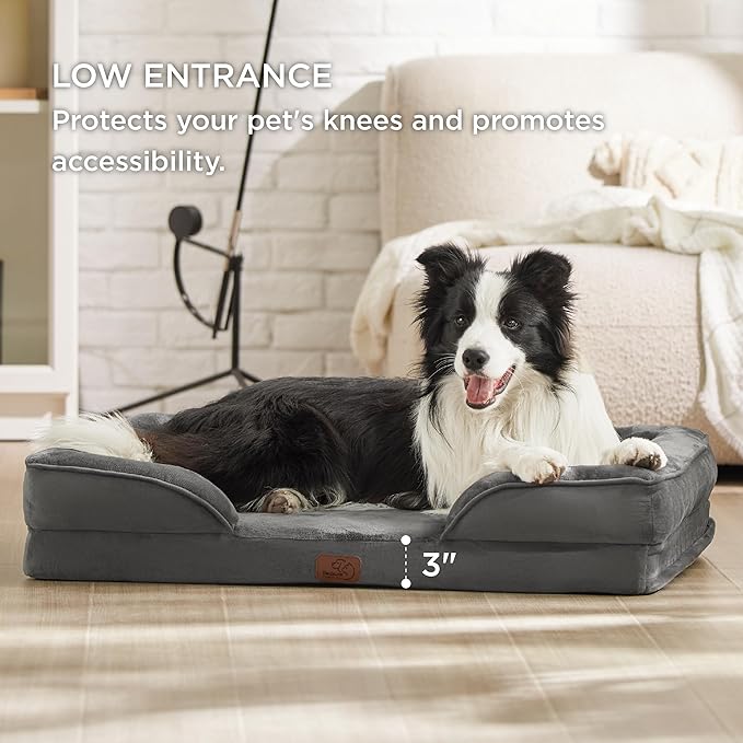 Bedsure Orthopedic Dog Bed for Large Dogs - Big Washable Dog Sofa Beds Large, Supportive Foam Pet Couch Bed with Removable Washable Cover, Waterproof Lining and Nonskid Bottom, Dark Grey-PawvioPets