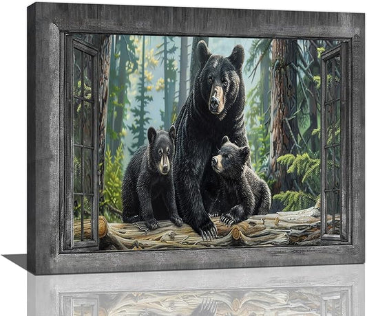 Black Bear Wall Art Forest Window Canvas Cabin Living Room Pictures Prints Animal Wall Decor Painting Artwork for Bedroom Dining Office Home 20"x16"-PawvioPets