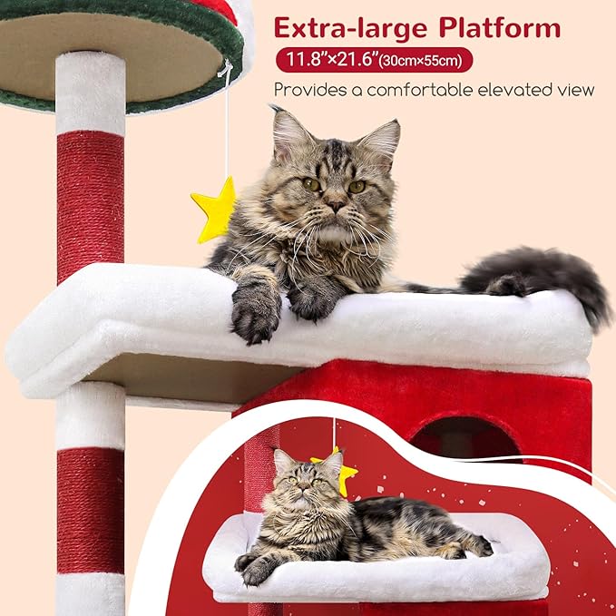 Globlazer Heavy Duty Cat Trees for Large Cats, Sturdy 72in Maine Coon Cat Tree for Large 20 lbs+ Heavy Duty Cat Tower for Adult Biggest Cats with 6 Scratching Posts, Hammock, S72, Red White Green-PawvioPets