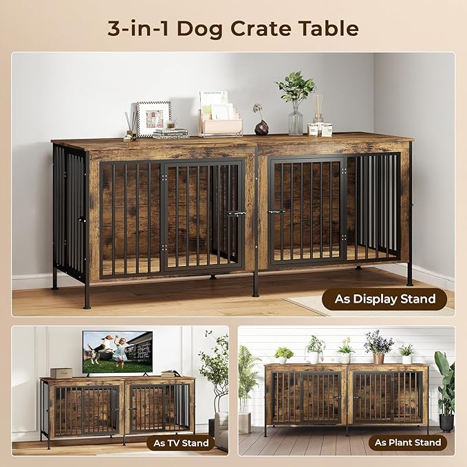 78 Inch Dog Cage Furniture for 2 Large/Medium Dogs with Removable Divider, Extra Large Double Doors Dog Kennel, XXL Thick Wooden Dog cage Furniture, Durable and Sturdy, Brown-PawvioPets