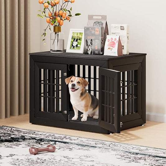 38" Heavy Duty Dog Crate Furniture for Small,Medium and Large Dogs,Rustic Wooden Dog Cage Kennel Indoor Furniture with Waterproof Top,Decorative Pet House Side End Table (Black & Grey)-PawvioPets