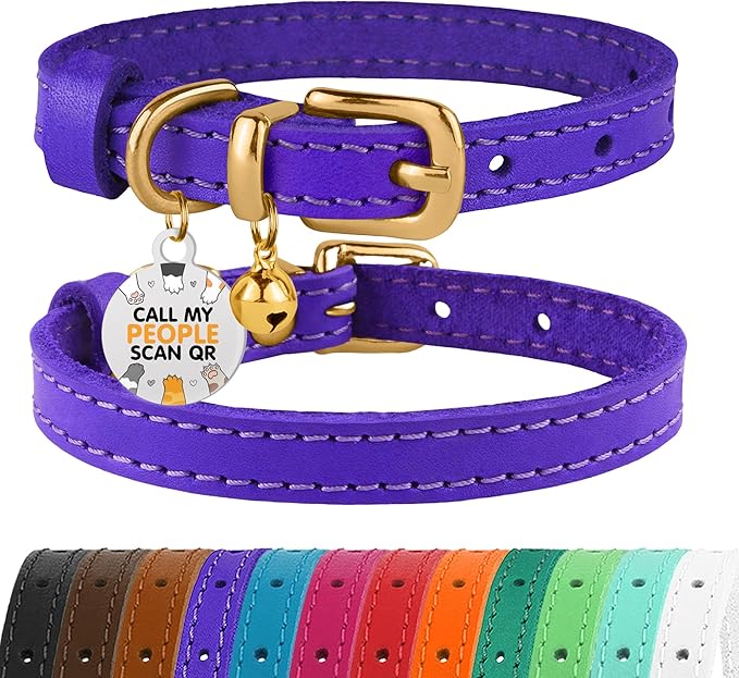 BRONZEDOG Leather Cat Collar with Removable Bells Non Breakaway Kitten QR Tag for Girl Boy (7" - 9" for Cats, Purple & Gold)-PawvioPets