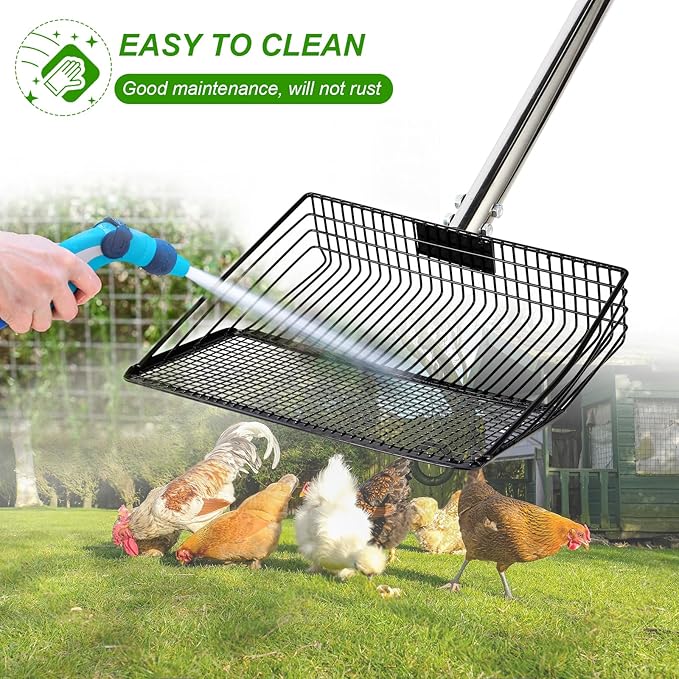 10inch Large Metal Chicken Poop Scooper, 36" to 75" Long Chicken Coop Litter Scoop with Stainless Steel Adjustable Handle, 4 in 1 Detachable Litter Sifting Shovel Scoop for Chicken Coop Accessories-PawvioPets