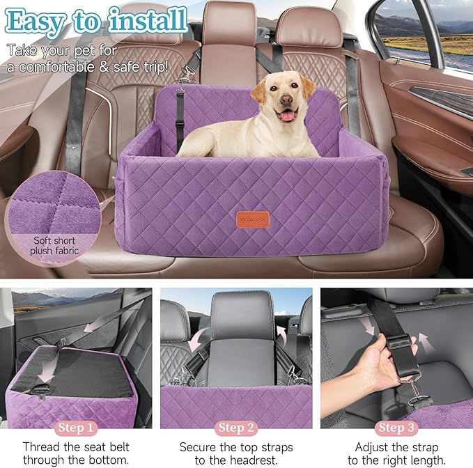Dog Car Seat for Medium/Large Dogs, Pet Booster Seat for Under 55 lbs or 2 Small Dogs, Detachable & Washable Dog Car Bed for Backseat with 2 Safety Leashes (Purple)-PawvioPets