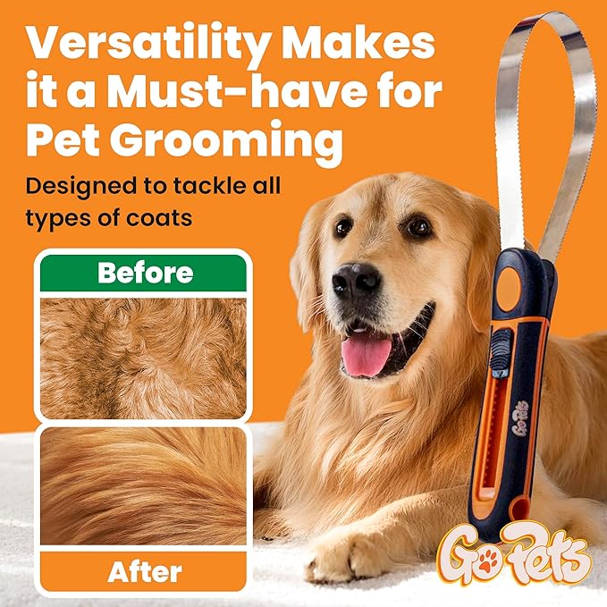 GoPets Deshedding Blade Rake, Adjustable Professional Dematting Grooming Tool, Stainless Steel Blades, Fur Removal Comb for Shedding, Comfortable Handle, Suitable for Cats & Dogs-PawvioPets