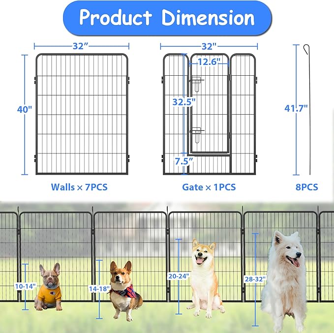 Dog Playpen, Outdoor Dog Fence, 8 Panels, 40" H Dog Pen for Medium/Small Dogs, Heavy Duty Metal Pet Fence with Gate, Portable Dog Fence for RV Camping and Yard (Black)-PawvioPets
