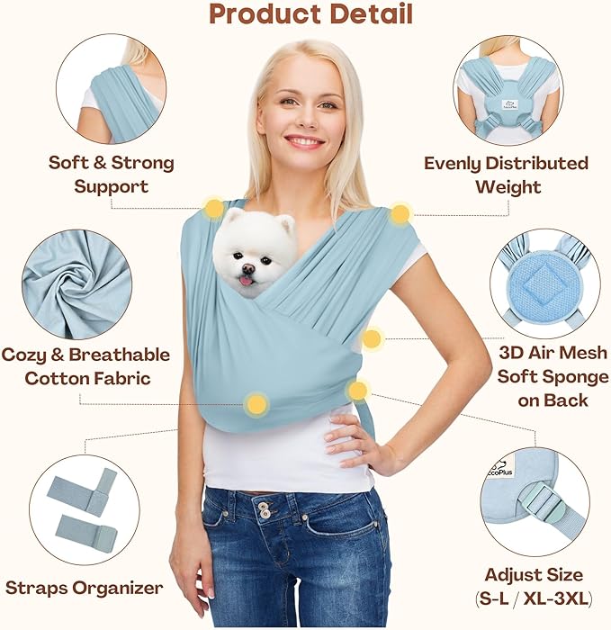 Dog Carriers for Small Dogs, Front Facing Dog Sling Carrier, Hands Free Cat Carrier, Size Adjustable, Reducing Back Pain, Premium Cotton, Safe and Soft Dog Carrier (Plus, Baby Blue)-PawvioPets