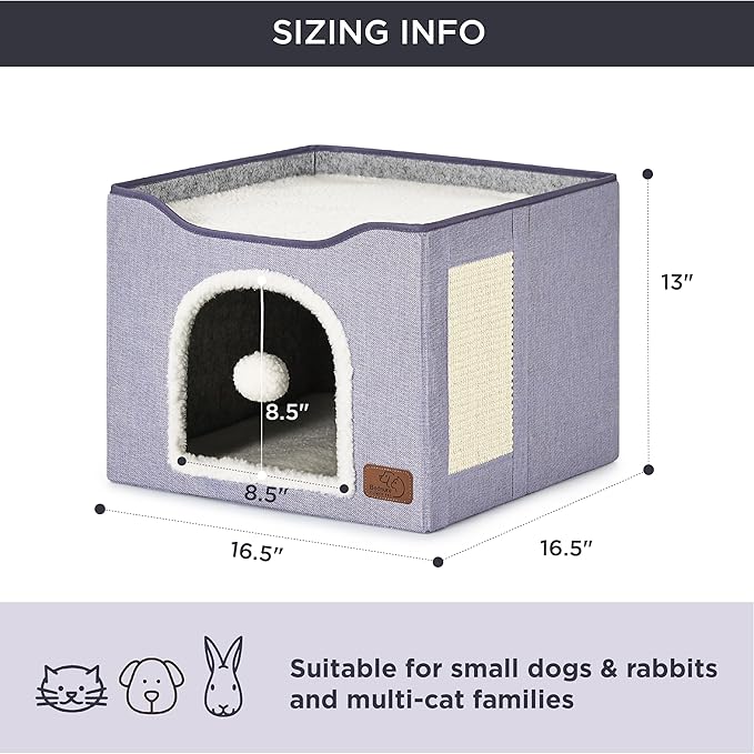 Bedsure Cat Beds for Indoor Cats - Large Cat Cave for Pet Cat House with Fluffy Ball Hanging and Scratch Pad, Foldable Cat Hideaway, 16.5x16.5x13 inches, Cloud Purple-PawvioPets
