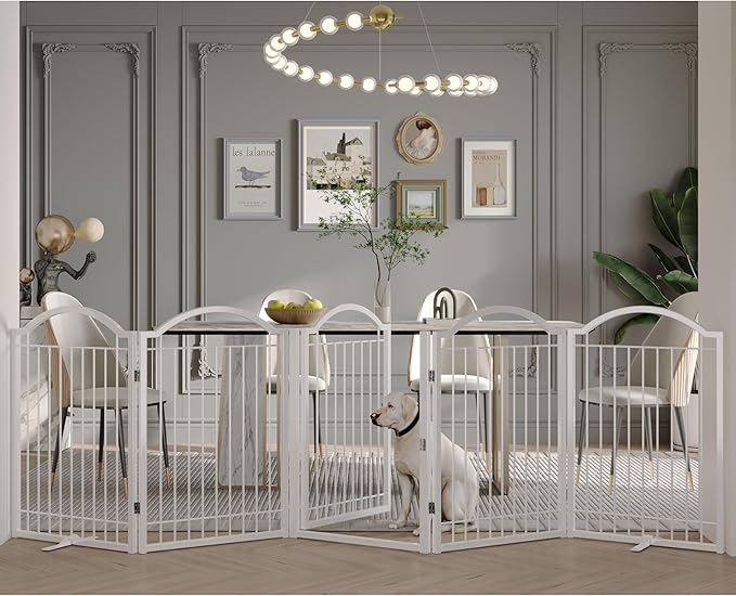 BHG Metal No-Assembly Freestanding Dog Gate with Door Walk Through, Extra Wide 120", Extra Tall 32" Pet Gate, Accordion Puppy Folding Playpen Dog Fence, with 2PCS Support (White, 5 Panels)-PawvioPets
