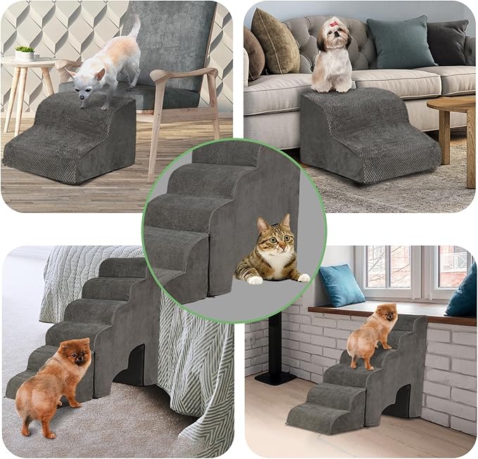 Dog Stairs for High Beds 25-30 inches Tall, 6-Step Dog Steps for High Bed for Doggies/Kitties, 30D Foam Pet Stairs Steps for Small Dogs, Dog Ramp/Ladder for Old Dogs/Cats, Grey-PawvioPets