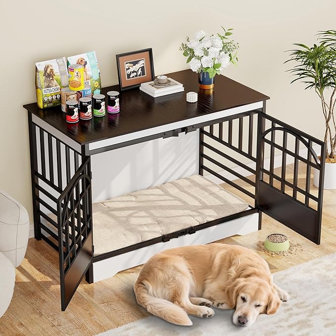 COZPAW 52 Inch Dog Crate Furniture, Extra Large Dog Kennel Indoor for XLarge Breed, Heavy Duty Dog Cage with Double Elegant Arched Doors, Decorate as TV Stand & End Table - White Brown-PawvioPets